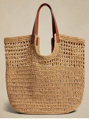 Banana Republic Woven Straw Tote Bag with Brown Leather Handles